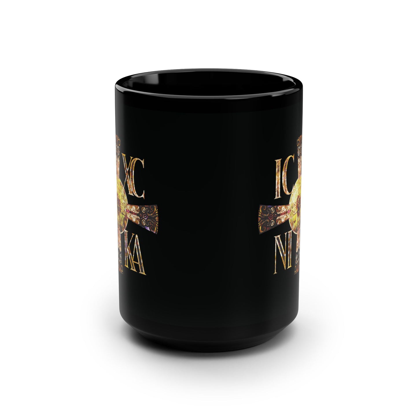 ICXC NIKA Celtic Style Equal Armed Cross | Bright Solar Texture | Orthodox Christian Black Mug