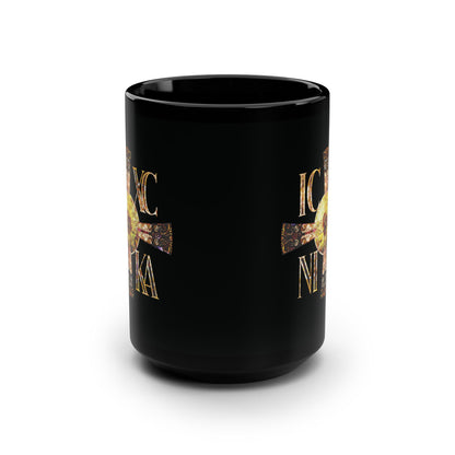 ICXC NIKA Celtic Style Equal Armed Cross | Bright Solar Texture | Orthodox Christian Black Mug