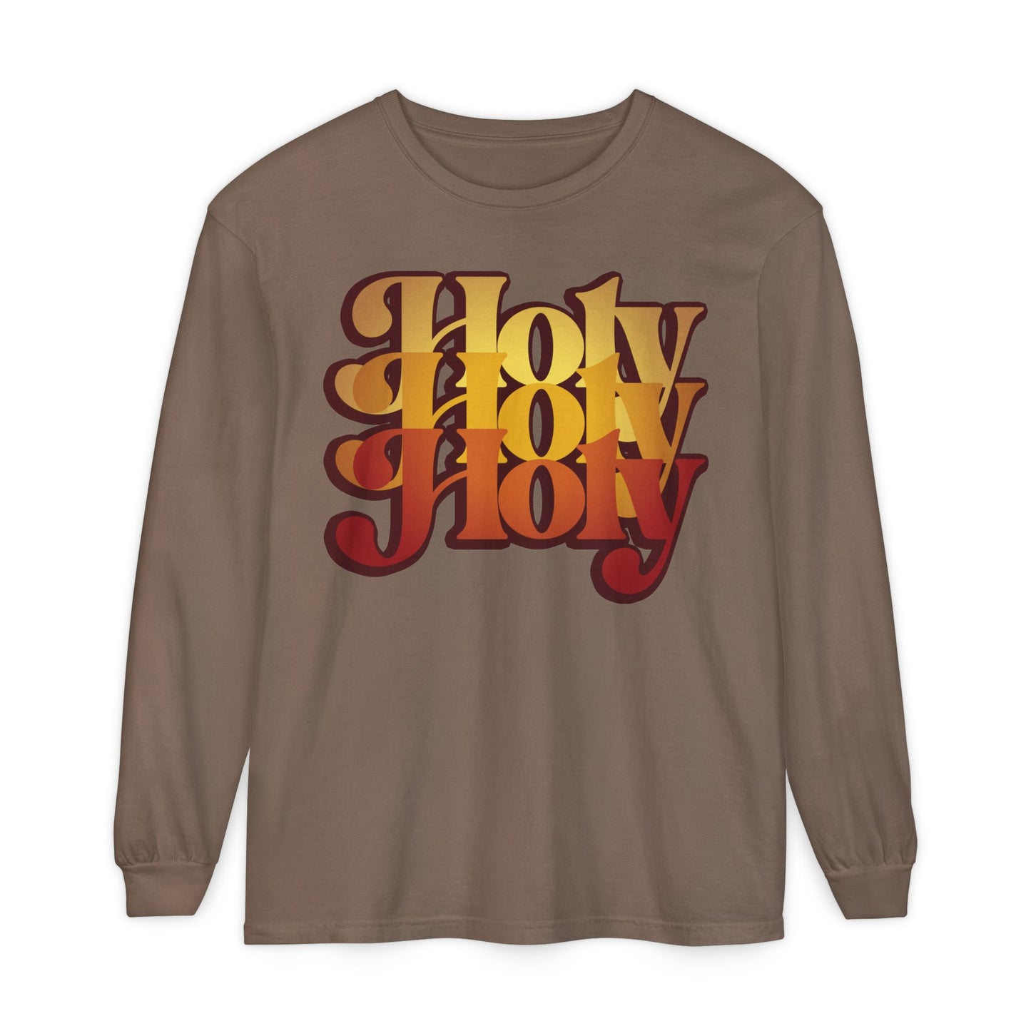 Espresso long-sleeve cotton shirt with bold red and yellow “Holy Holy Holy” lettering, inspired by Isaiah 6, featuring a 70s style Trisagion liturgical prayer design.