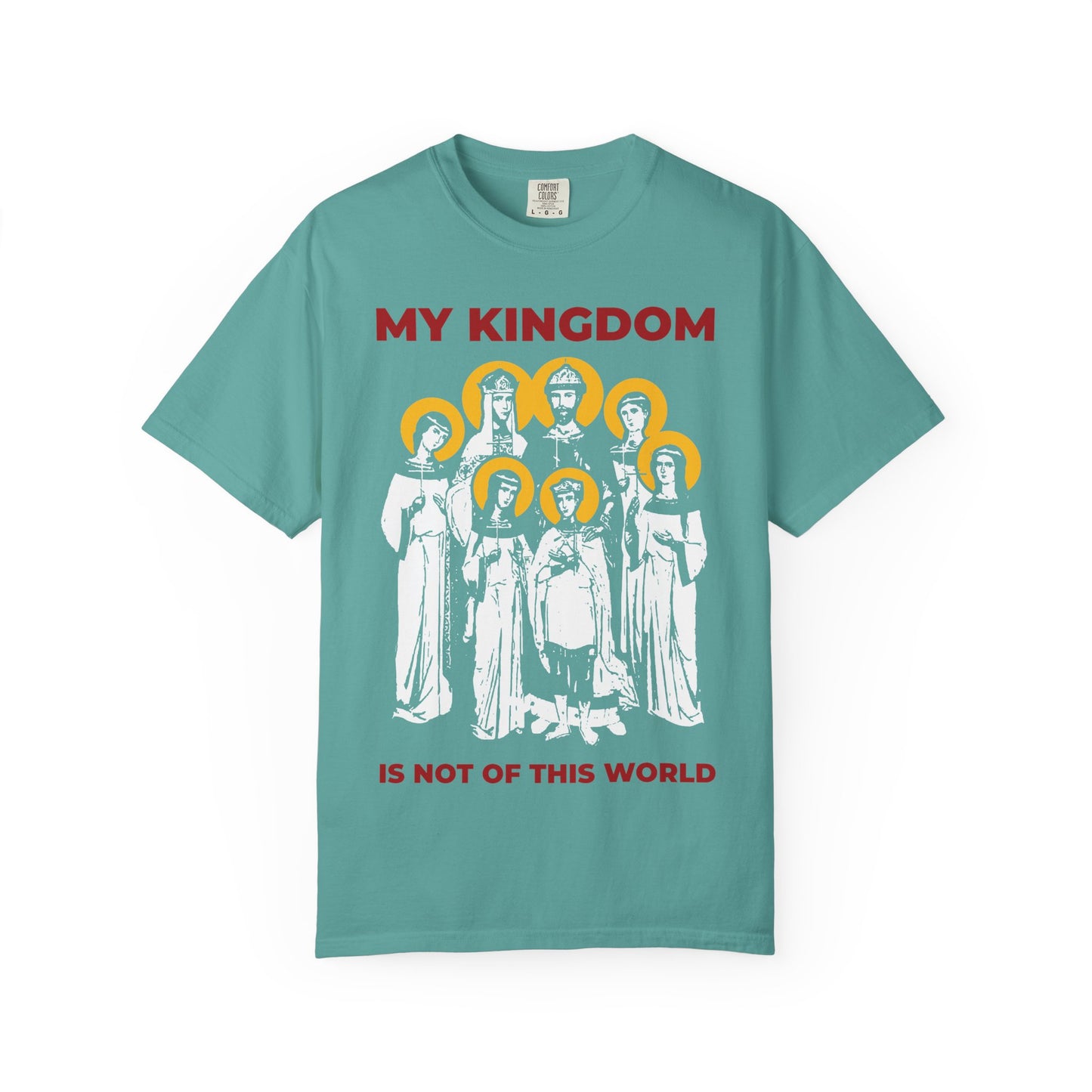 A seafoam heavyweight cotton tee featuring the seven Romanov Royal Martyrs of Russia with yellow halos and red text—MY KINGDOM IS NOT OF THIS WORLD (John 18:36)—inspired by Orthodox Christian and Russian Imperial heritage.
