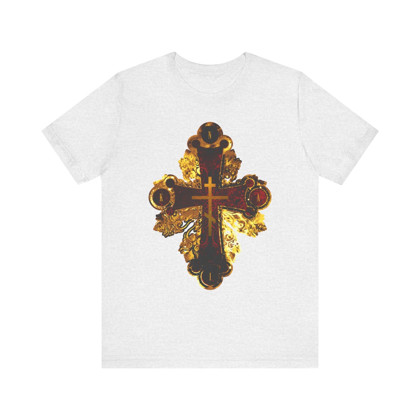 Ash-colored Orthodox Christian lightweight cotton unisex T-shirt featuring an ornate metallic style NIKA cross in red and gold texture, inspired by the elegance of a Sessional Hymn from Tone 3 Tuesday Matins, centered on the front.