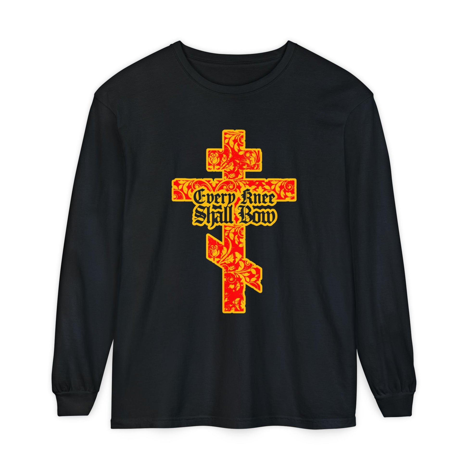Black long-sleeve shirt with a gold and red floral-texture Orthodox cross, gothic "Every Knee Shall Bow" text, and verses from Isaiah 45:22-24 and Philippians 2:7-11, declaring Jesus Christ as Lord.