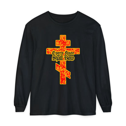 Black long-sleeve shirt with a gold and red floral-texture Orthodox cross, gothic "Every Knee Shall Bow" text, and verses from Isaiah 45:22-24 and Philippians 2:7-11, declaring Jesus Christ as Lord.