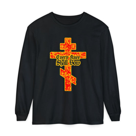 Black long-sleeve shirt with a gold and red floral-texture Orthodox cross, gothic "Every Knee Shall Bow" text, and verses from Isaiah 45:22-24 and Philippians 2:7-11, declaring Jesus Christ as Lord.