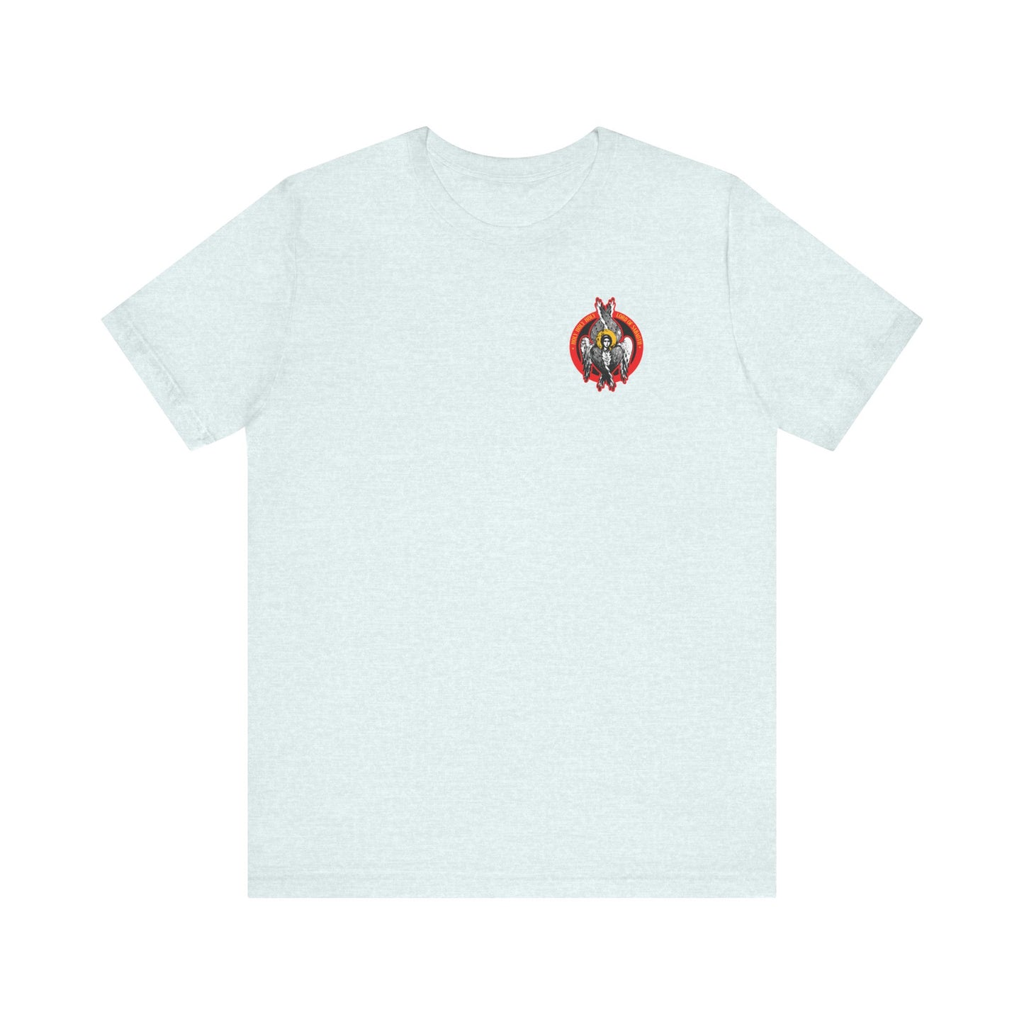 Heather Ice Blue unisex t-shirt featuring a small, colorful Seraphim angel iconographic design on the left chest—Holy Holy Holy, inspired by the Heavenly Hosts of God and Divine Council. Lightweight cotton for comfort.
