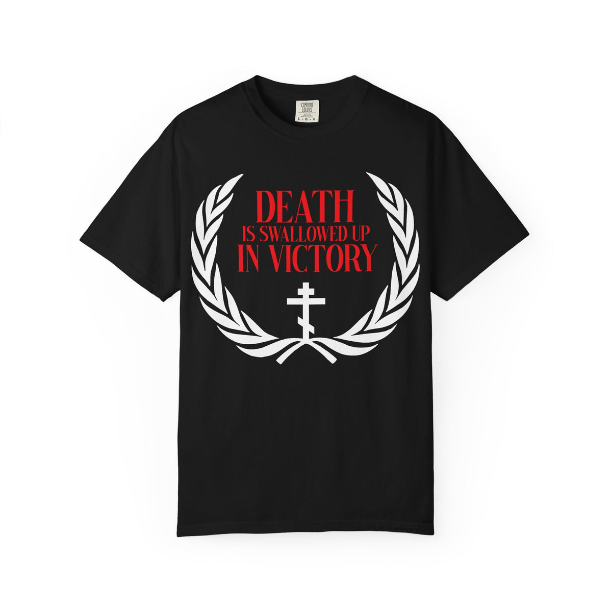 Black heavyweight cotton t-shirt featuring a white Orthodox cross, a victory wreath, and red “Death is Swallowed Up In Victory” text (1 Cor 15:54), symbolizing immortality.