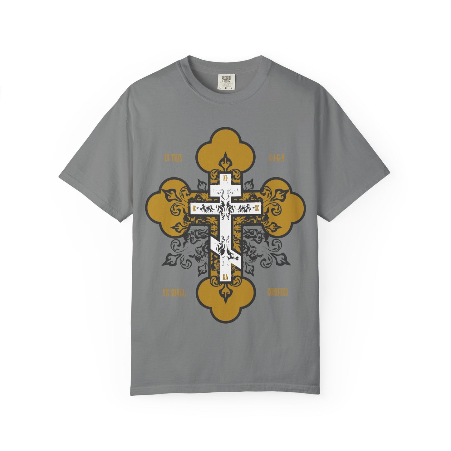 Grey unisex heavyweight cotton tee featuring an ornate gold and white Orthodox cross with the inspirational "In Hoc Signo Vinces" design—this "In This Sign Ye Shall Conquer" shirt is a thoughtful Christian gift for anyone seeking meaningful faith-based apparel.