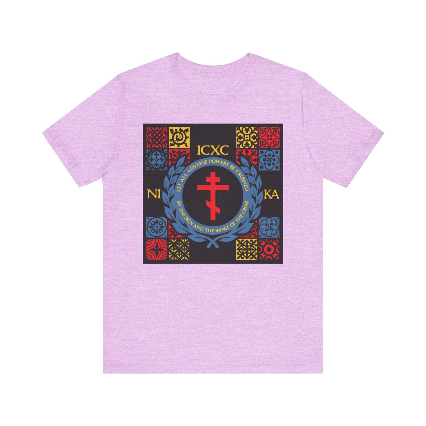 Heather Prism Lilac unisex t-shirt featuring a red, yellow, and blue ICXC NIKA medieval tile design with religious crest and Red Sea motifs. Lightweight cotton with patterned squares on the front.