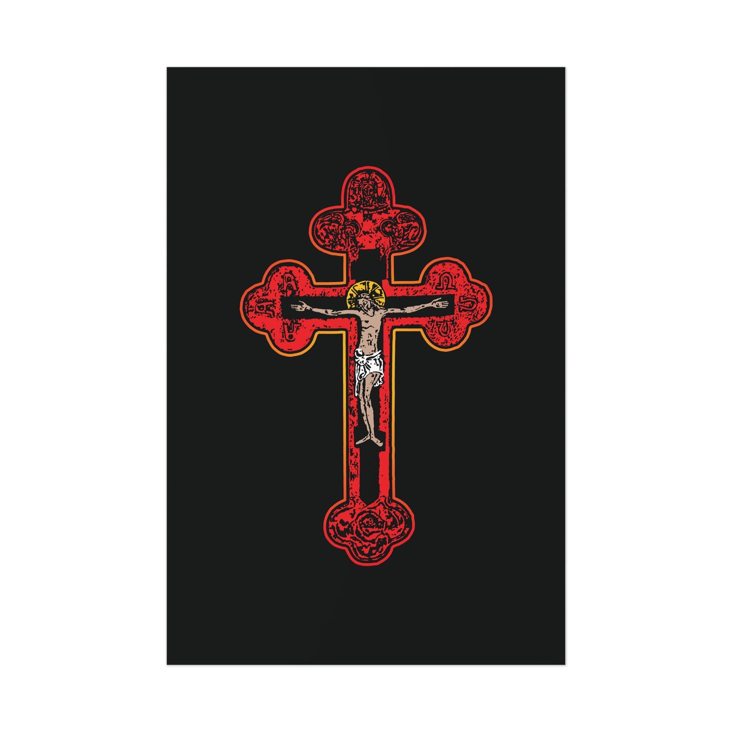 Red Orthodox Christian Crucifix | Byzantine Golgotha Cross | Alpha & Omega | I Am Crucified With Christ | Orthodox Art Poster