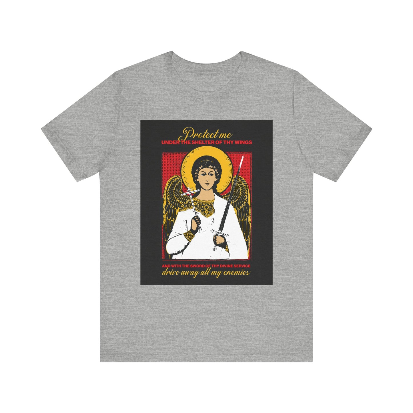 Athletic Heather tee featuring a Holy Guardian Angel holding a sword and cross icono-graphic, with a protection prayer: “Drive Away My Enemies.” Lightweight cotton unisex t-shirt symbolizes divine safeguard.