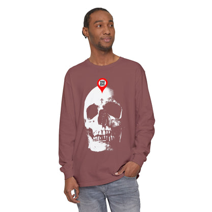 Man wearing the "You Will Be Here Maps Marker on Skull Design" Orthodox long sleeve—a maroon shirt with a white skull and red marker, inspired by Memento Mori and St. Ignatius Brianchaninov's reminder: What you are, I once was; remember you will die.