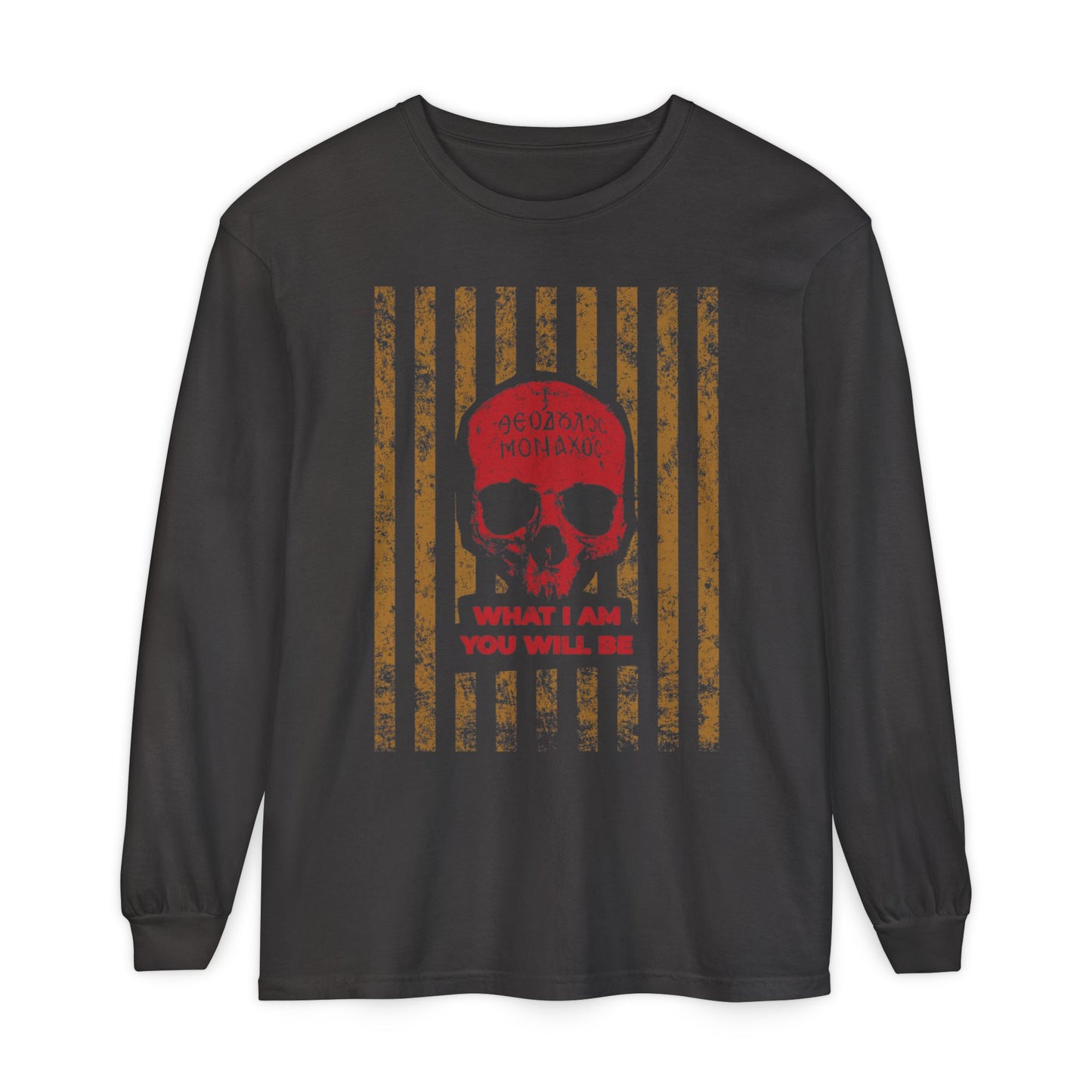 Graphite long-sleeve cotton shirt featuring a red Mt Athos monk skull, gold stripes, and “WHAT I AM YOU WILL BE”—a memento mori message invoking remembrance of death and ascetic ethos.