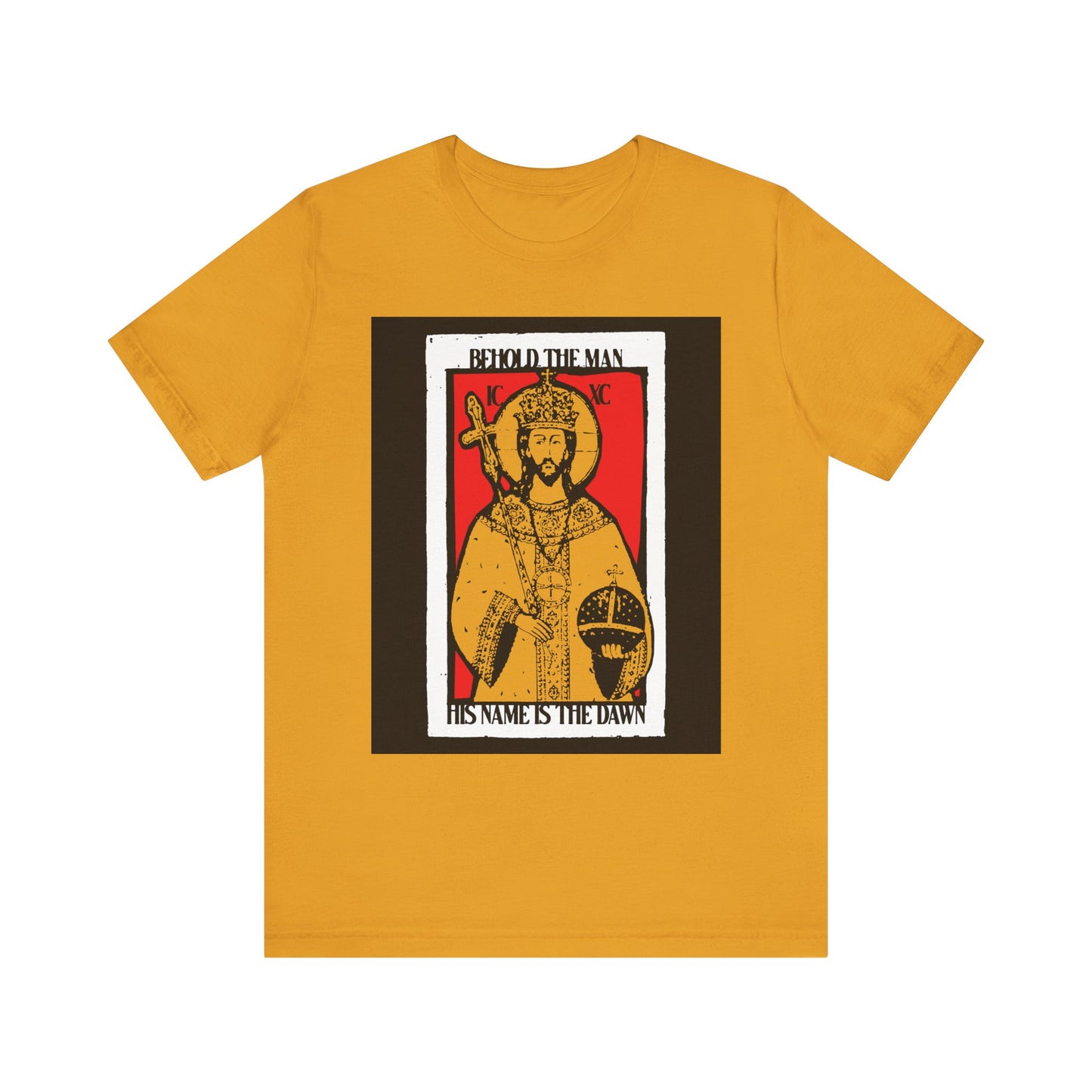 Mustard tee featuring a red and yellow Christ icon with “Behold the Man, His Name is the Dawn” (Zechariah 6:12 LXX) in a Messianic style. Lightweight cotton unisex shirt.