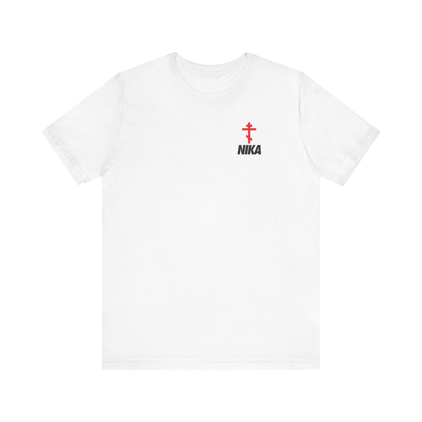 White cotton unisex tee featuring a small Orthodox cross and bold NIKA text in a NIKE logo mashup, blending athletic ascetic fashion with Christian symbolism.