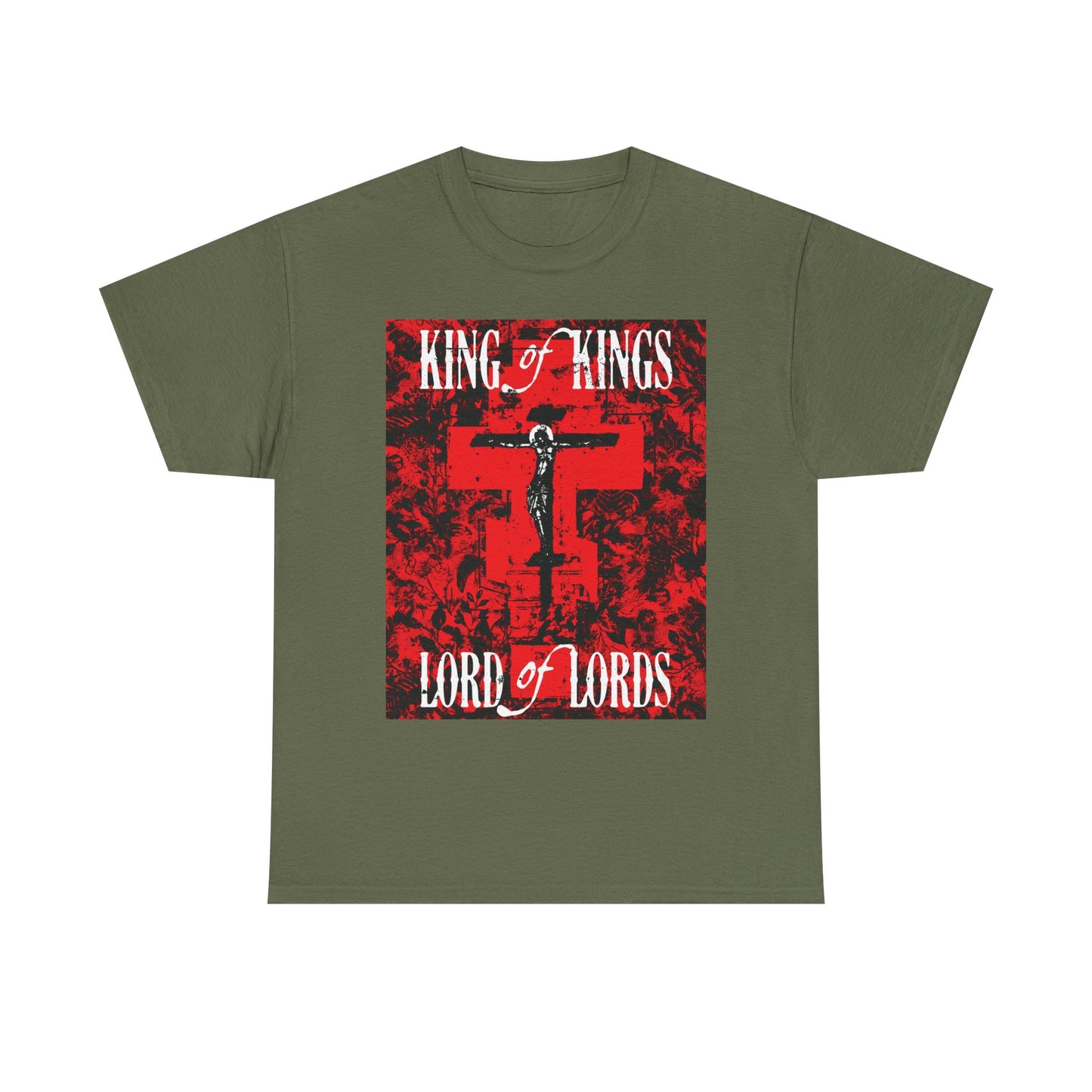 King of Kings, Lord of Lords | Christ Crucified Icono-Graphic | Red Cross Nature Texture w/ White Text | Midweight Cotton Unisex Tee