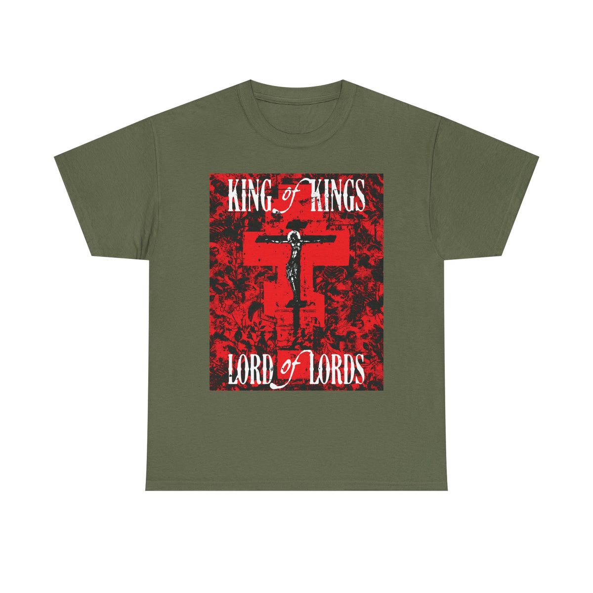 Military green midweight cotton unisex tee featuring a red cross with nature texture, white "King of Kings, Lord of Lords" text, and Christ Crucified icono-graphic—referencing Revelation 19:11-16.