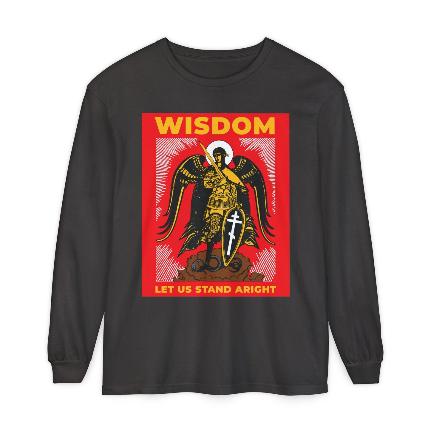Graphite long-sleeve cotton shirt featuring a Russian-style illustration of Archangel Michael with shield and sword. Inspired by Revelation 12. Text: "Wisdom, Let Us Stand Aright." Orthodox Christian design.