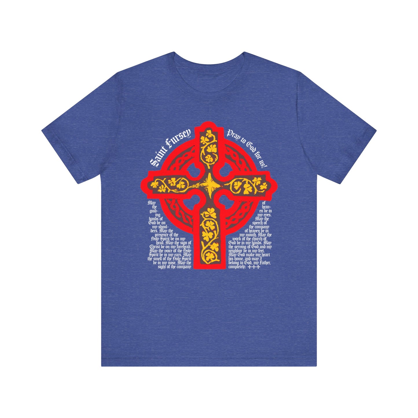 Heather True Royal unisex tee featuring a red and yellow Celtic cross inspired by St Fursey’s Lorica, with white text arranged around and below the design. Lightweight cotton; ideal for Irish Orthodox Christian Western Rite wear.