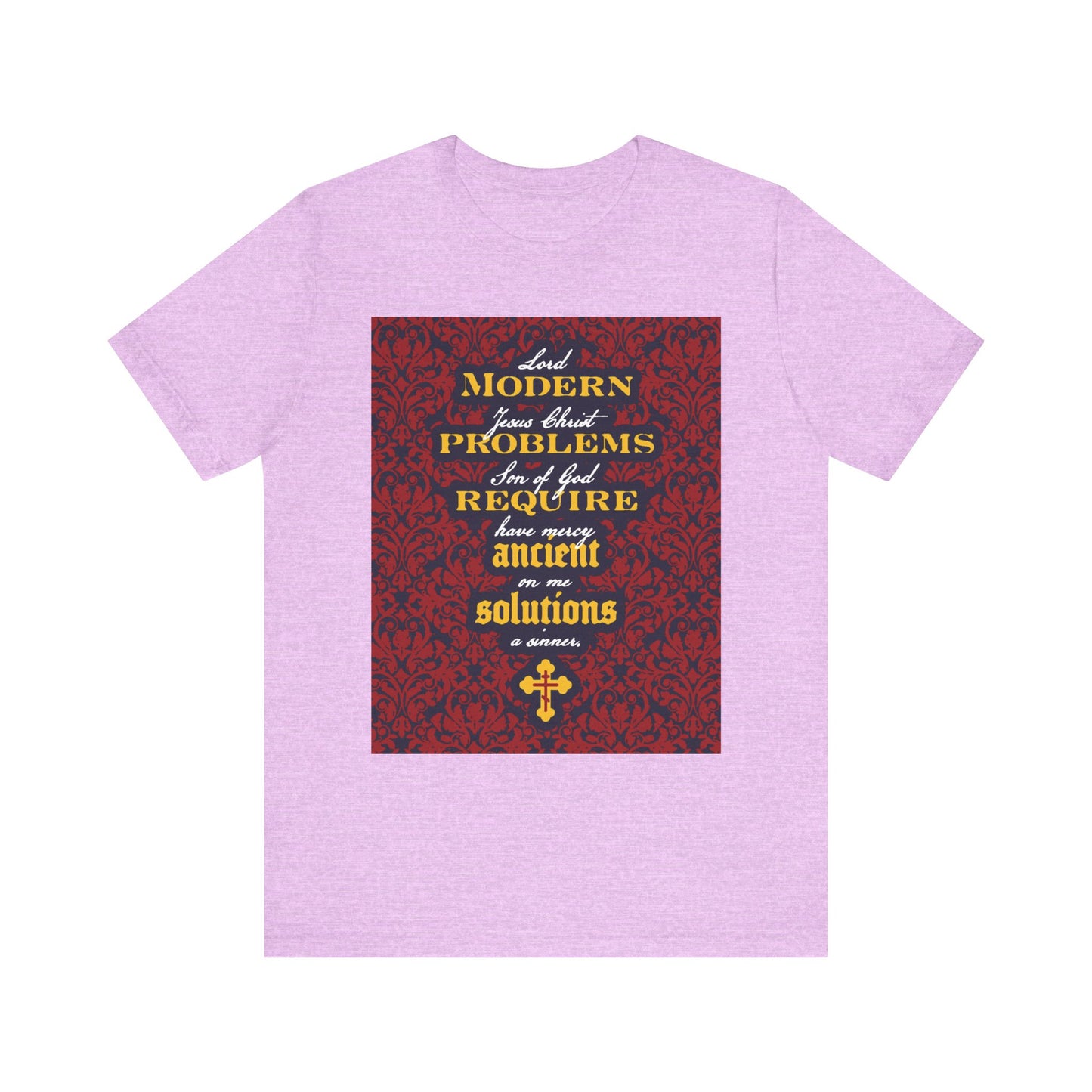 Heather Prism Lilac unisex t-shirt featuring an ornate red and gold design with the text “Modern Problems Require Ancient Solutions” set against a floral background, inspired by Orthodox Christian wisdom and the Jesus Prayer.