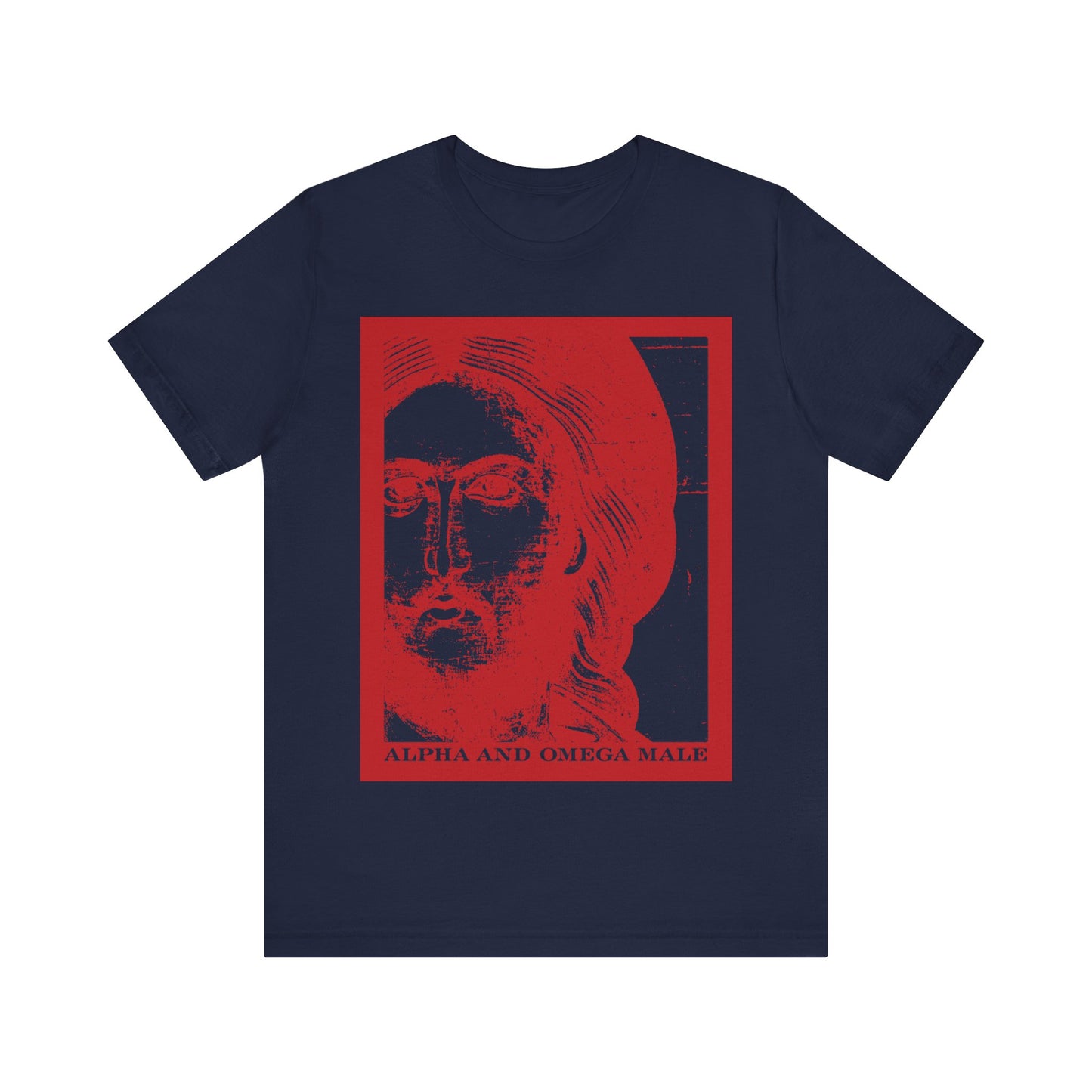 Navy Alpha & Omega Male tee with a red Jesus Christ icono-graphic and "I am the Beginning & the End (Rev 22)" text, inspired by Orthodox Christian faith. Cotton unisex.