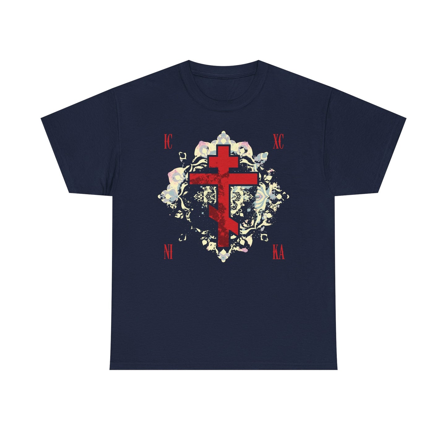 ICXC NIKA | Jesus Christ Conquers | Textured Red Orthodox Cross w/ Medieval Floral Background | Orthodox Midweight Cotton Unisex Tee