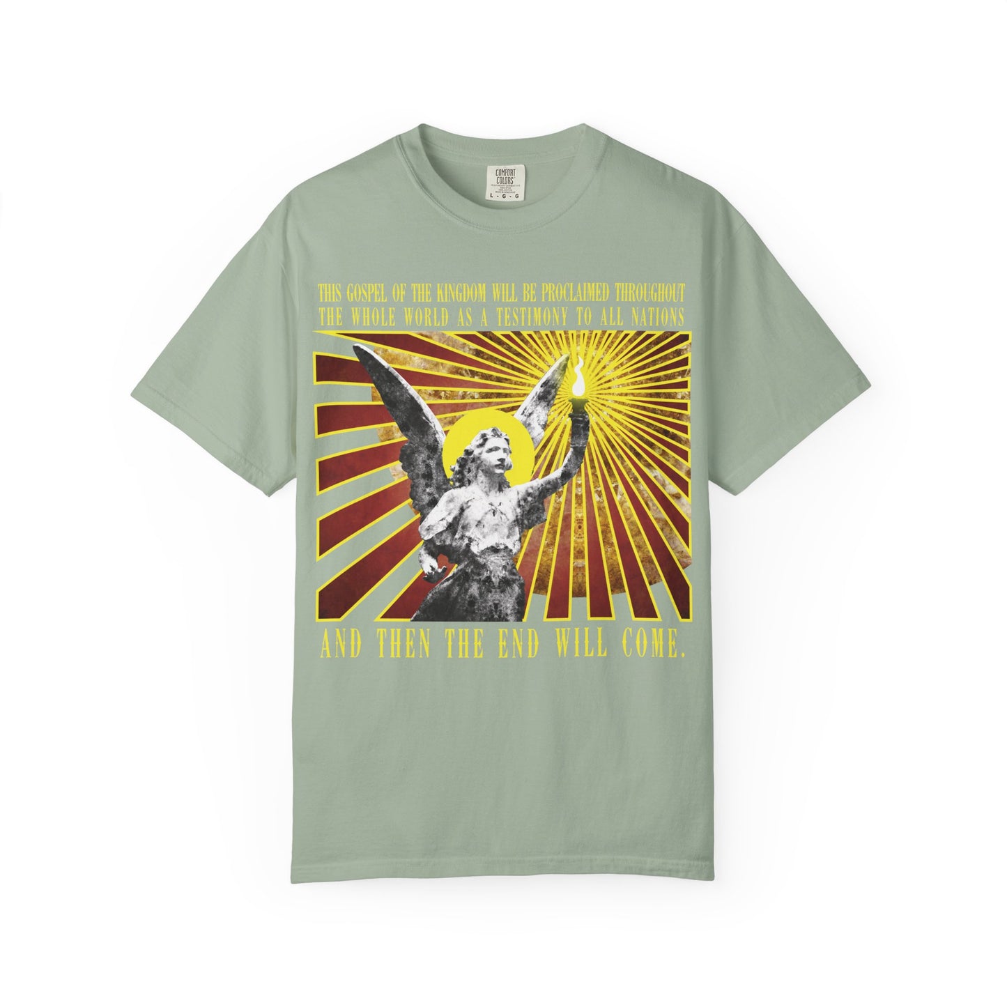Bay t-shirt featuring a cemetery angel holding a lamp emitting rays, with “And Then the End Will Come” (Matthew 24:14) Bible verse in yellow above and below—emphasizing themes of tribulation and standing firm against false prophets; printed on heavyweight cotton for a unisex fit.