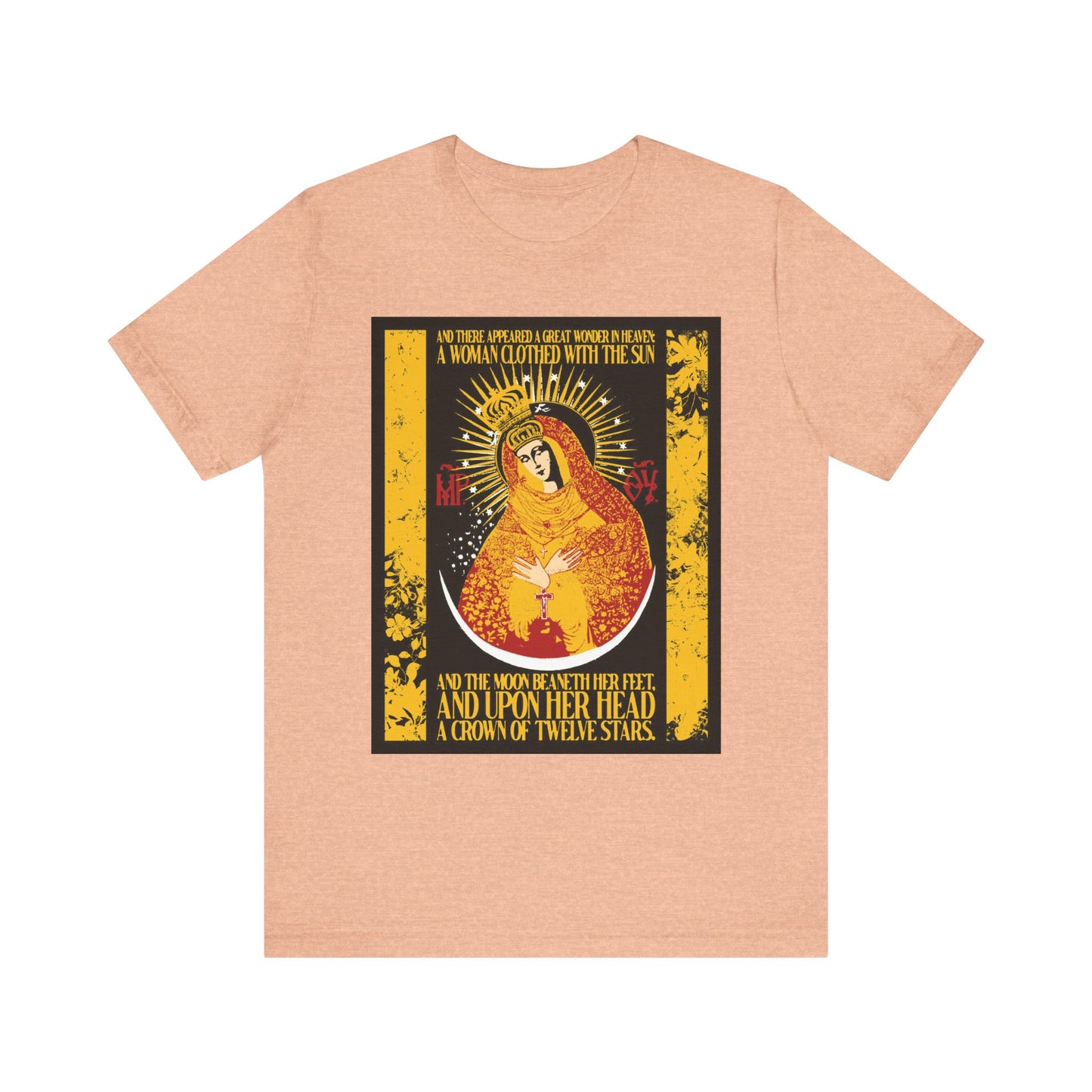 Heather Peach unisex T-shirt featuring Our Lady the Gate of Dawn, Woman of the Apocalypse (Rev 12:1), with a gold floral Theotokos design and lightweight cotton fabric.