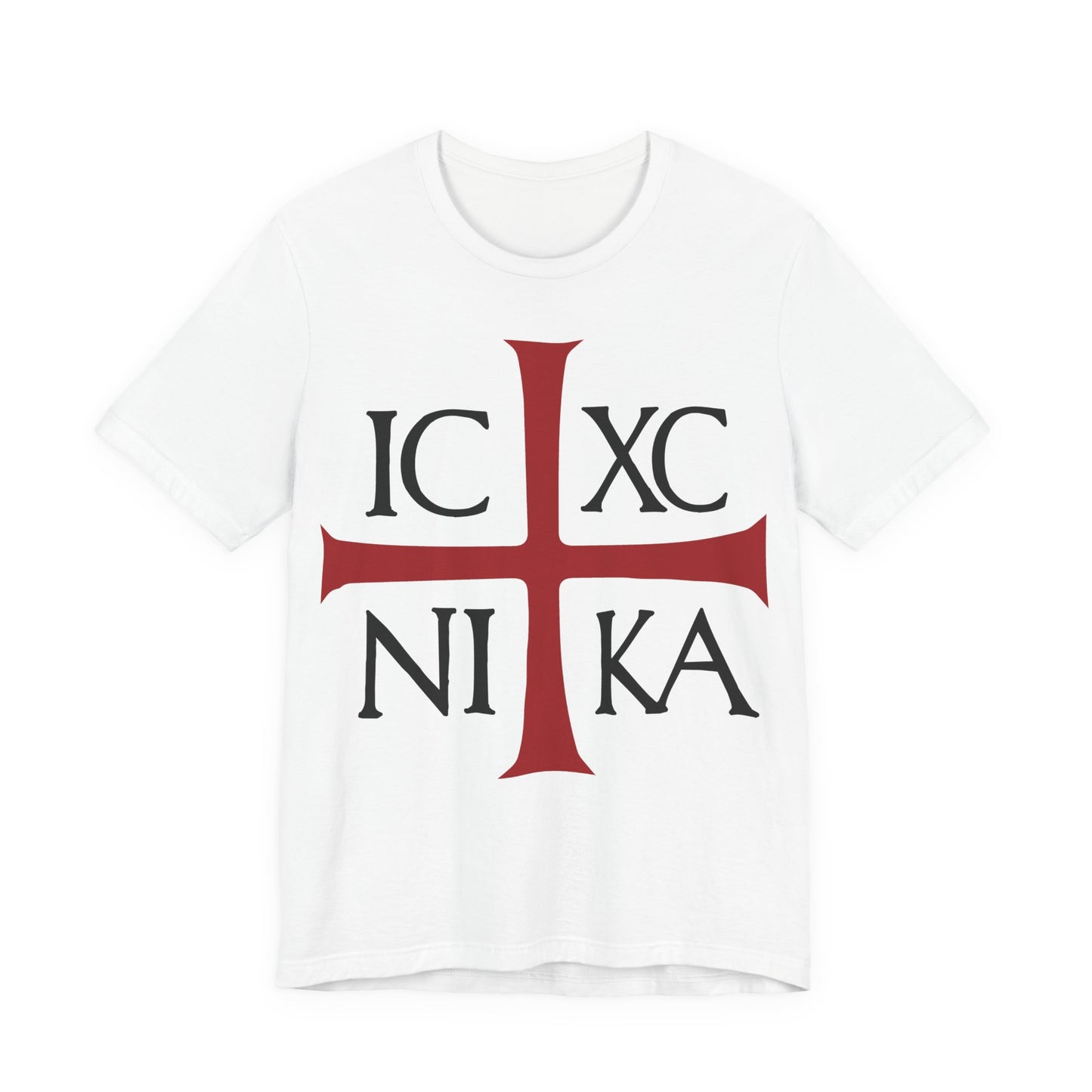 White cotton t-shirt with a bold red cross and black ICXC NIKA text—an ancient Byzantine Christogram meaning "Jesus Christ Conquers." Orthodox Christian design inspired by Philippians 2:9-11.