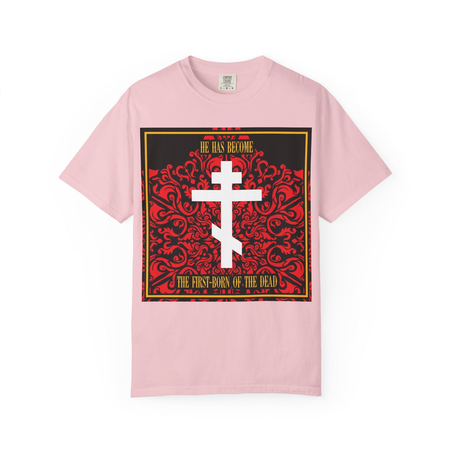 Blossom unisex heavyweight cotton tee featuring a white Orthodox cross on a striking red floral texture and the text: He Has Become the First-Born of the Dead. This stylish Christian t-shirt is perfect for expressing your faith.