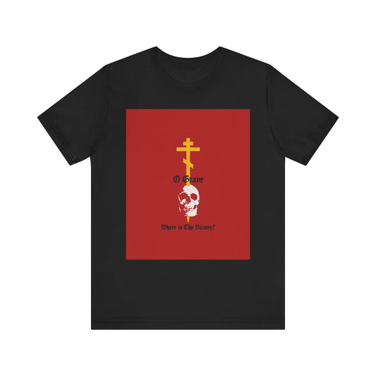 O Grave, Where Is Thy Victory? 1 Cor 15:55 | Gold Orthodox Cross Stabbing Skull | Christian Lightweight Cotton Unisex Tee
