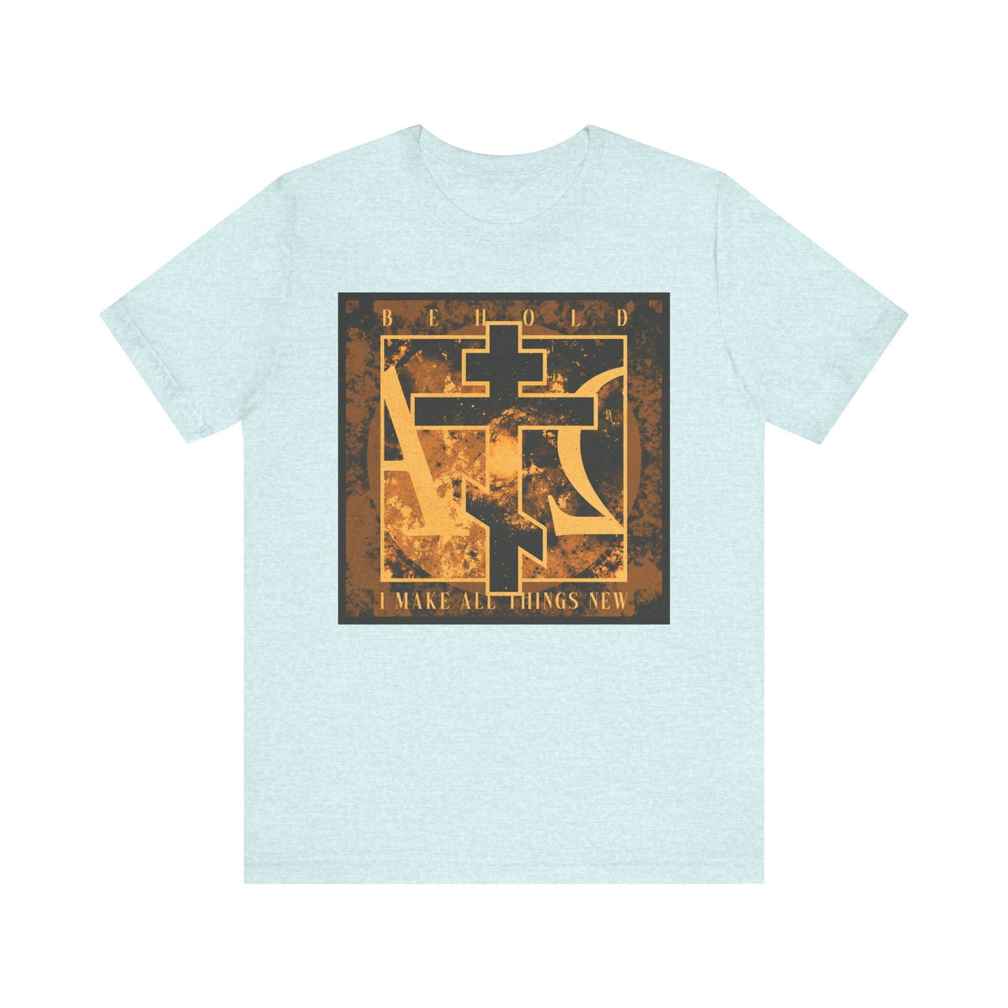 Heather Prism Ice Blue lightweight cotton unisex t-shirt featuring a brown and orange Orthodox cross with Alpha & Omega background and “Behold, I Make All Things New (Rev 21:5)” inspired by the promise of a new heaven and earth.