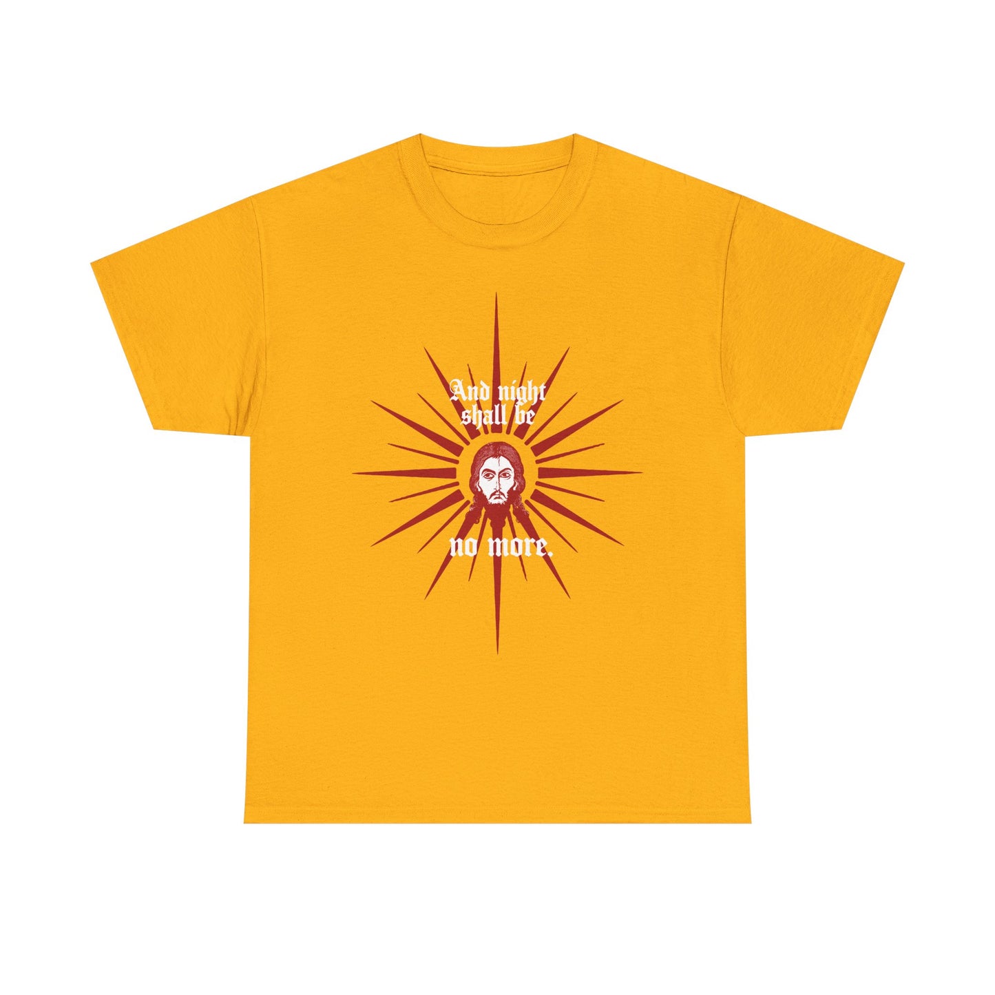 Gold heavy cotton t-shirt featuring a red and white icono-graphic of the Face of Jesus Christ, inspired by “And Night Shall Be No More” (Rev 22:5). Orthodox Christian design.