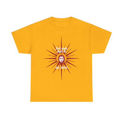 Gold heavy cotton t-shirt featuring a red and white icono-graphic of the Face of Jesus Christ, inspired by “And Night Shall Be No More” (Rev 22:5). Orthodox Christian design.