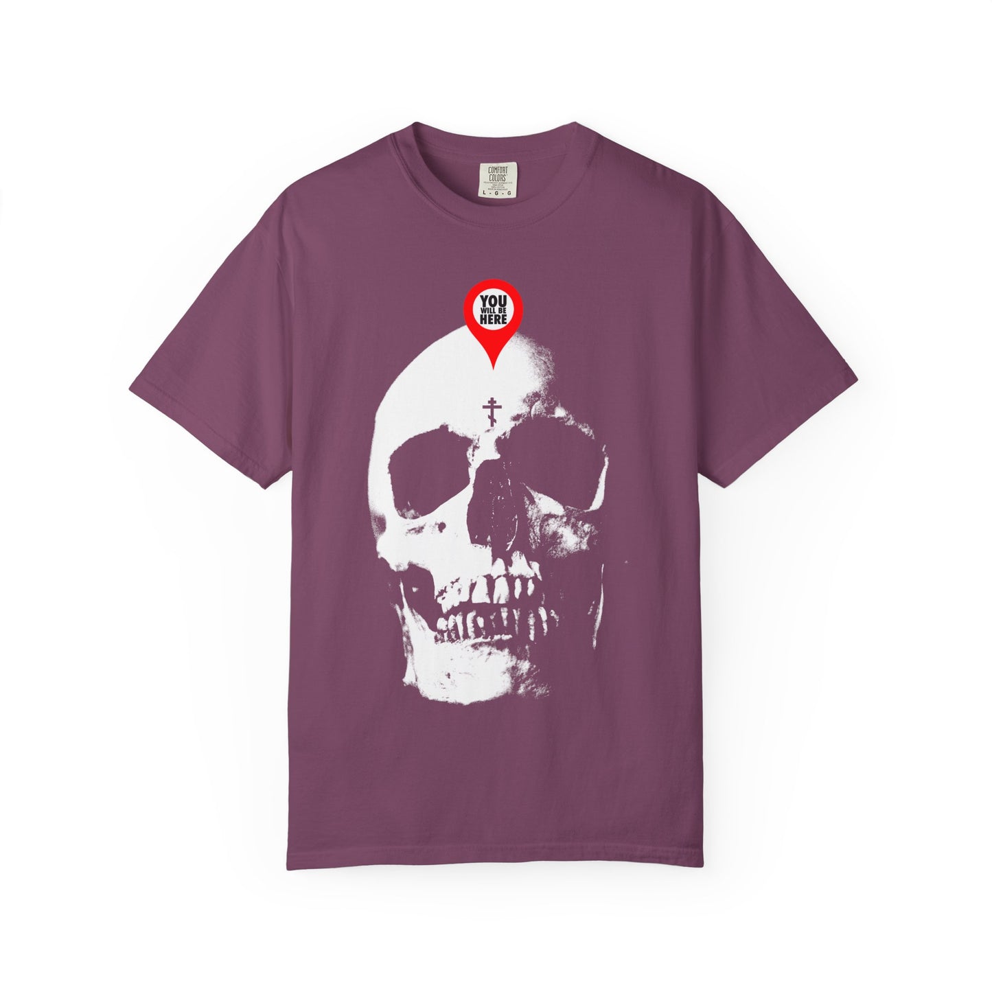 Berry-colored heavyweight cotton tee featuring a bold skull design with a red map marker above the forehead—Memento Mori message inspired by St. Ignatius Brianchaninov: "What you are, I once was.