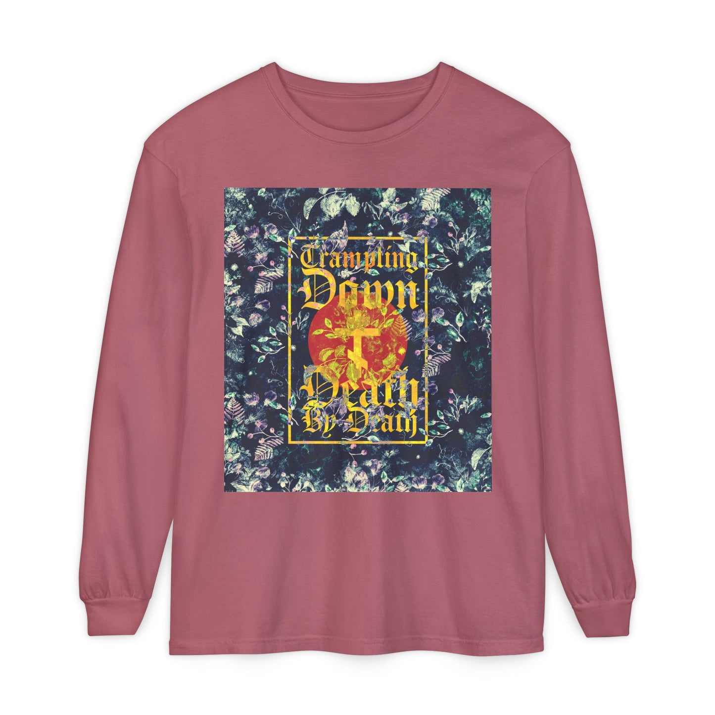 Trampling Down Death By Death | Paschal Floral Design with Gothic Script and Three-Bar Cross | Orthodox Christian Long Sleeve Shirt