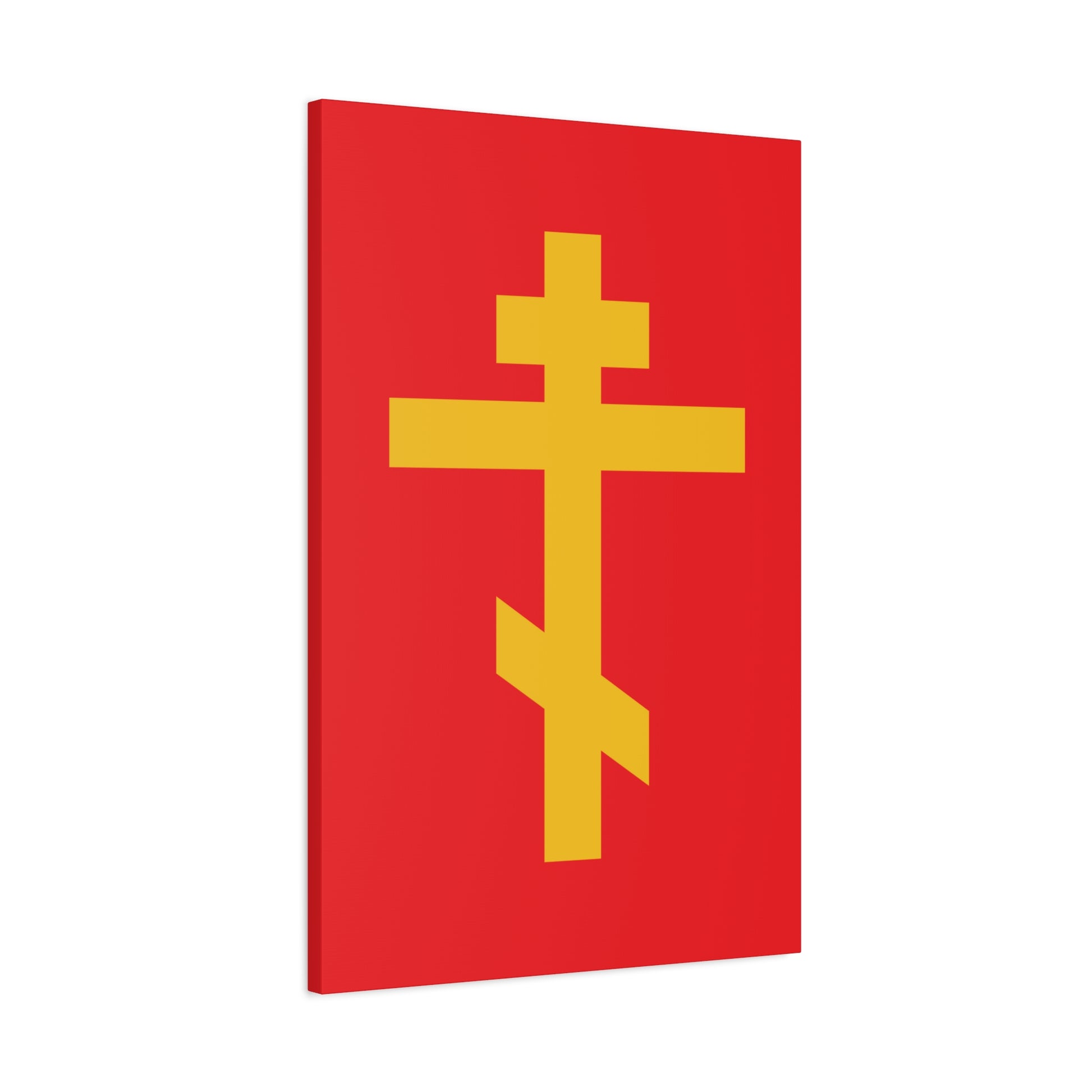 The Yellow Orthodox Cross Red Background canvas art displays a yellow Orthodox cross, symbolizing spiritual warfare and victory over demons, centered on a red rectangular background.