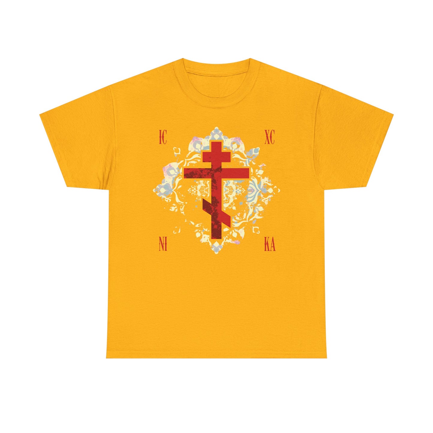ICXC NIKA | Jesus Christ Conquers | Textured Red Orthodox Cross w/ Medieval Floral Background | Orthodox Midweight Cotton Unisex Tee