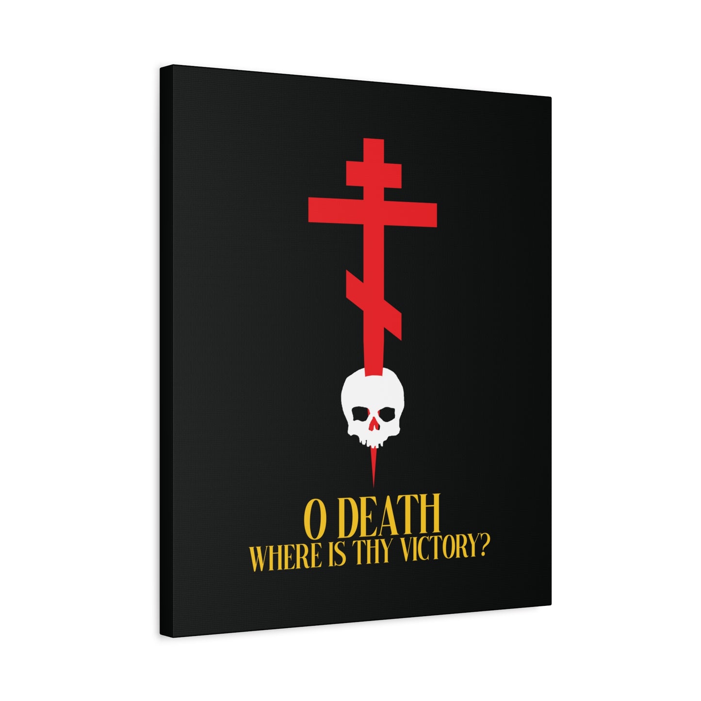 O Death Where is Thy Victory? (1 Corinthians 15:55) | Cross Stabbing Skull | Yellow Text | Orthodox Christian Canvas Art