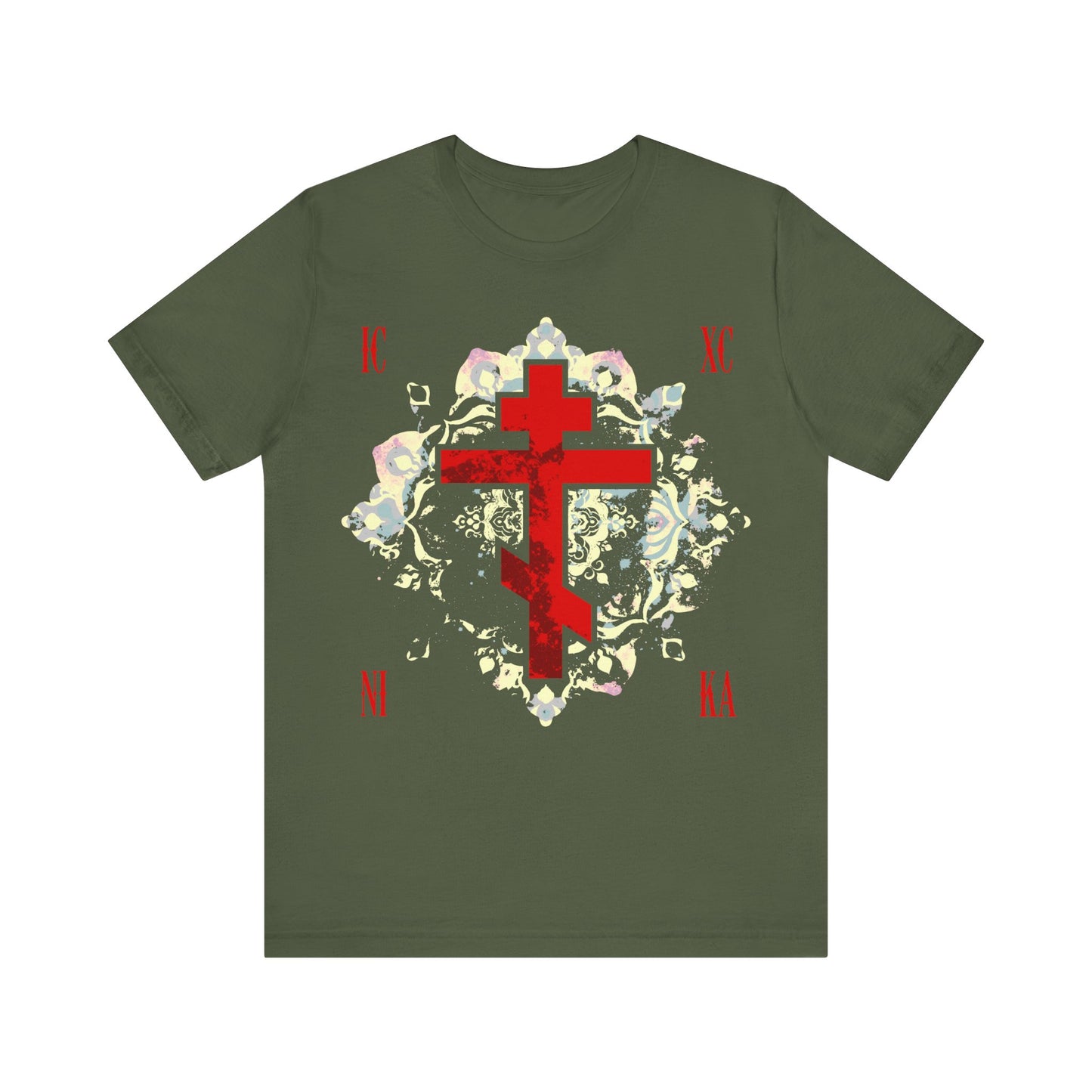 Military green cotton t-shirt featuring a textured red Orthodox cross, medieval floral background, and "ICXC NIKA Means Jesus Christ Conquers" design for Orthodox Christians.