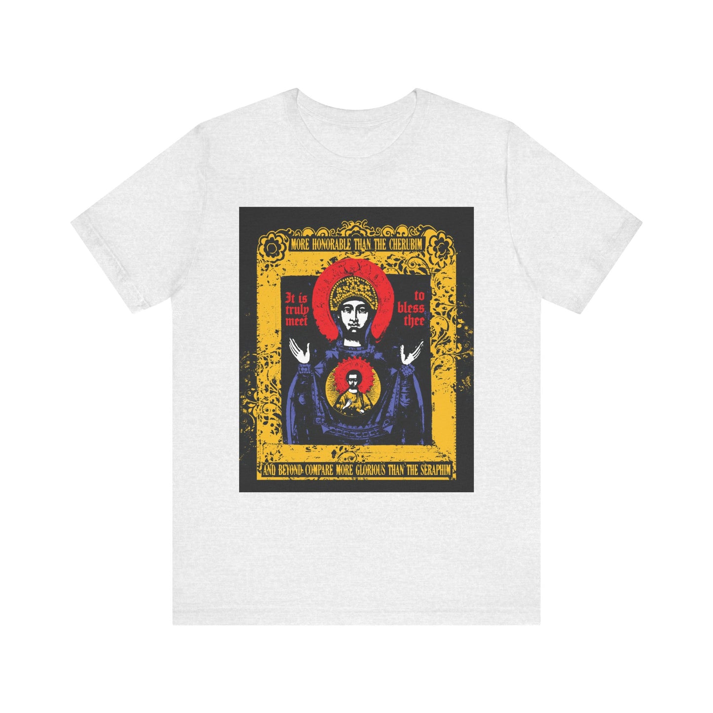 Ash t-shirt featuring an ornate icon-style graphic of the Mother of God inspired by the Axion Estin hymn, with a gold frame and red, yellow, and blue accents—Orthodox Lightweight Cotton Unisex Tee: “It is Truly Meet To Bless Thee Iconographic.”.