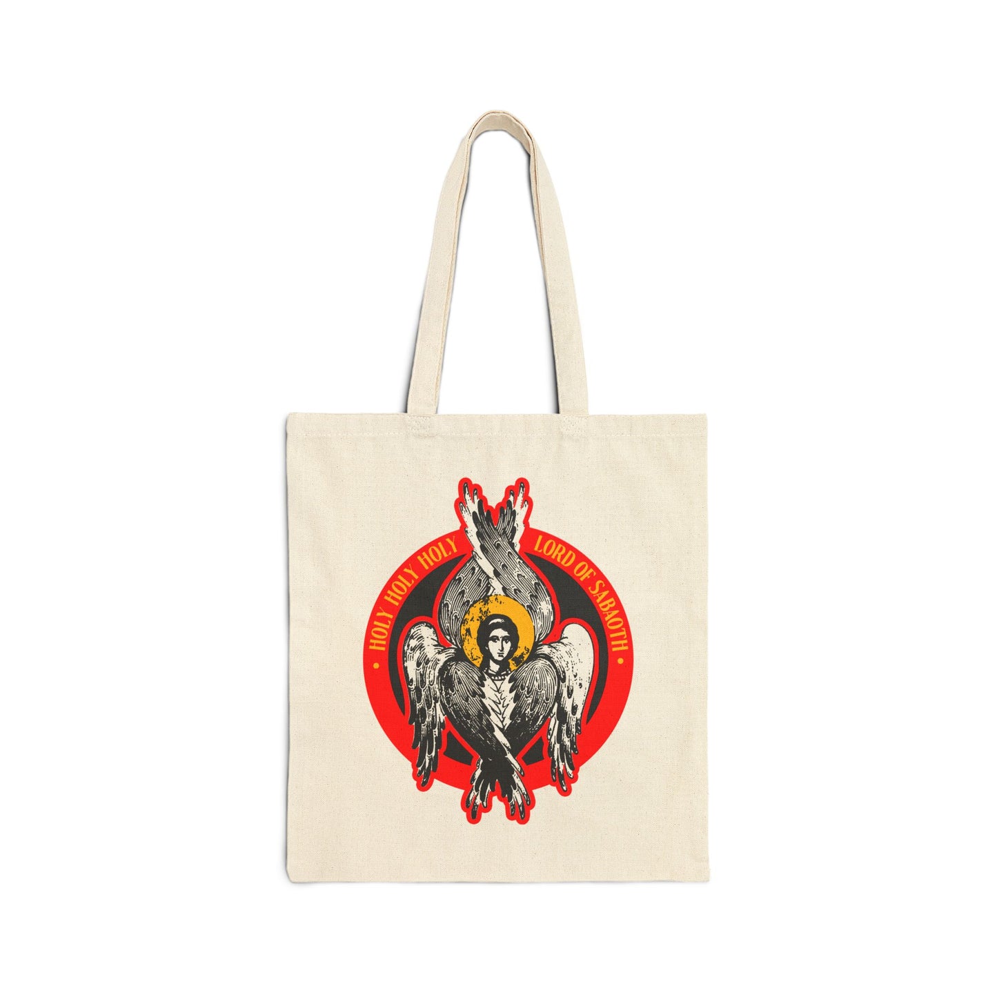 Natural tote bag with a red and black Orthodox seraphim angel icon and "Holy Holy Holy, Lord of Sabaoth" from Isaiah 6 in a bold red circle. Features Unseen Realm & Orthodox Christian design.