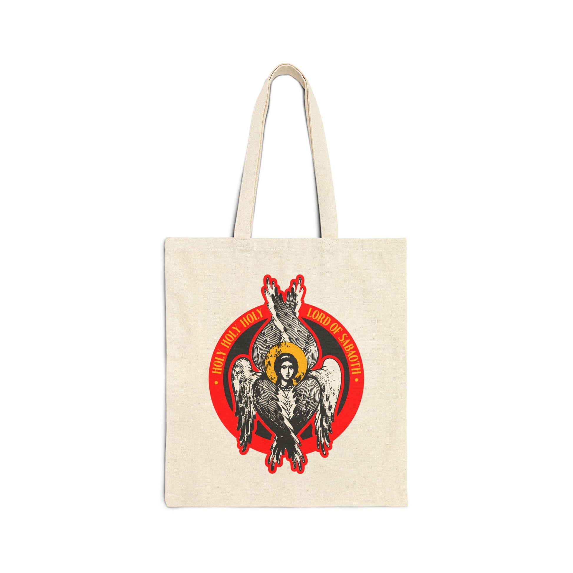 Natural tote bag with a red and black Orthodox seraphim angel icon and "Holy Holy Holy, Lord of Sabaoth" from Isaiah 6 in a bold red circle. Features Unseen Realm & Orthodox Christian design.