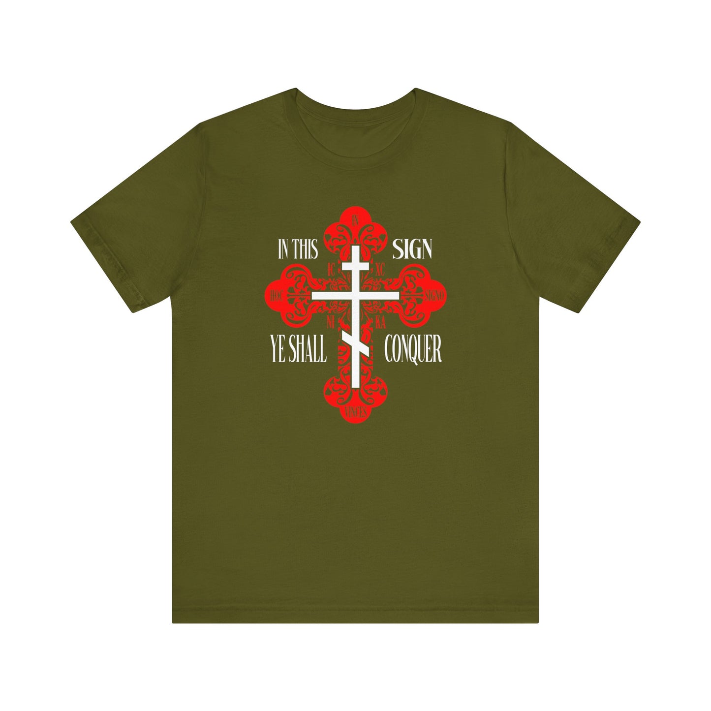Olive unisex tee featuring an ornate Orthodox cross with red and white details, text "In This Sign Ye Shall Conquer"—inspired by ICXC NIKA and Jesus Christ Conquers. Bold Christian apparel, perfect for those honoring spiritual victory.