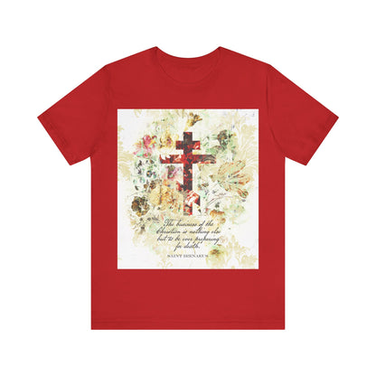 Red “Preparing For Death” Orthodox Christian T-shirt featuring a white & beige floral scrapbook texture cross and quote, inspired by St Irenaeus and classic Christian arts & crafts style.