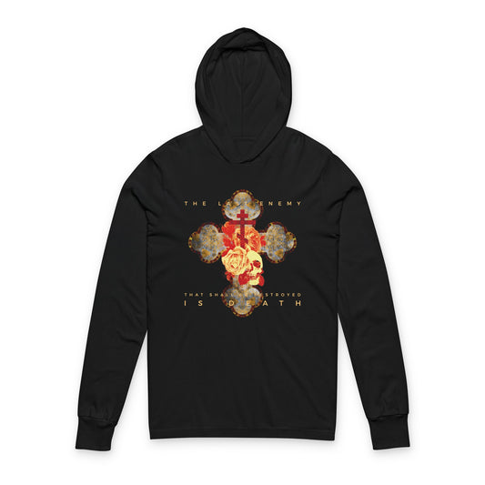 Remembrance of Death “The Final Enemy That Shall Be Destroyed Is Death (1 Cor 15:26)” hoodie features a metallic gothic cross with rose and skull, symbolizing Christ's resurrection and victory over death. Orthodox Christian design.