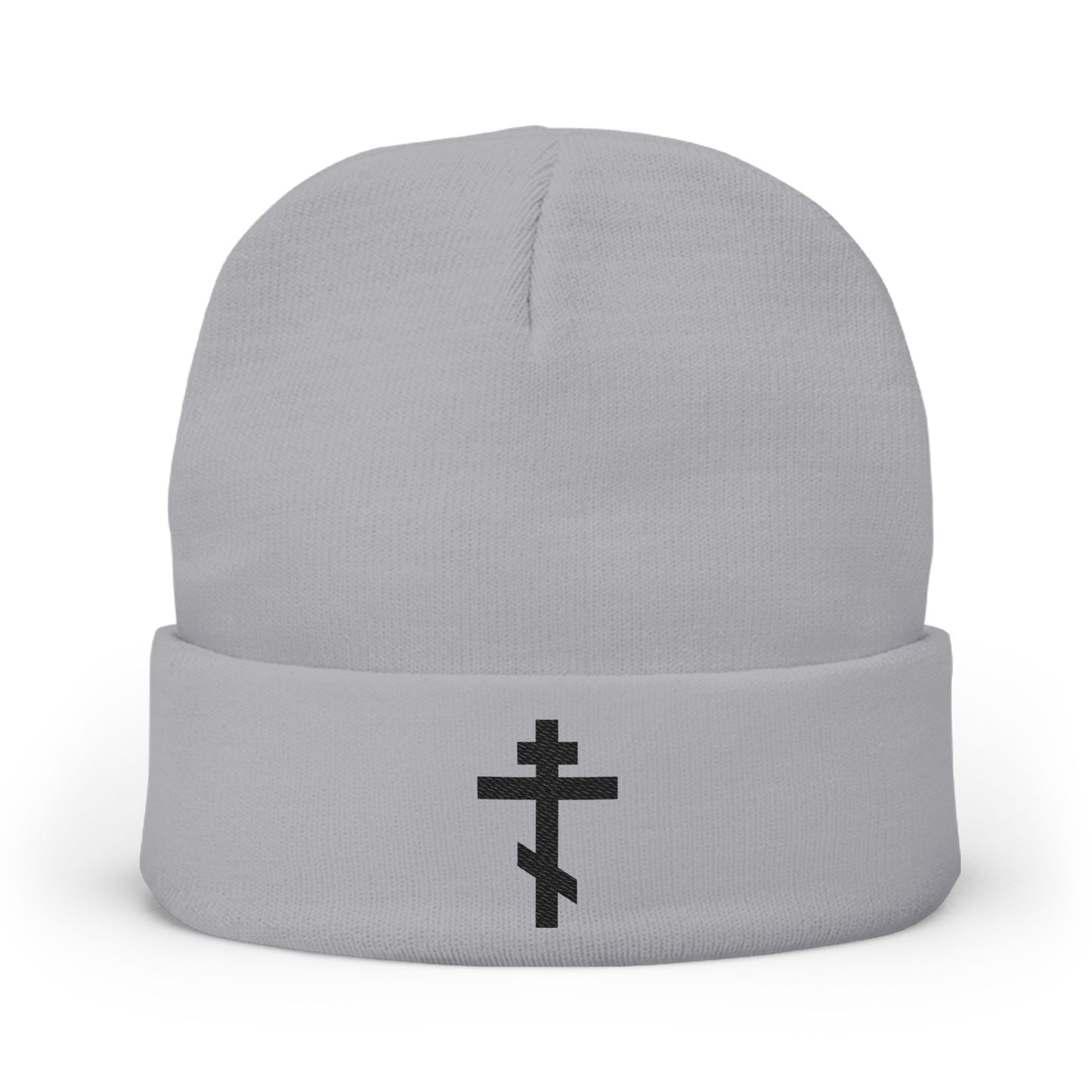 Gray beanie featuring a black Orthodox TriBar Cross and “Nail My Passions to the Wood of Thy Precious Cross O Lord” embroidered on the front.