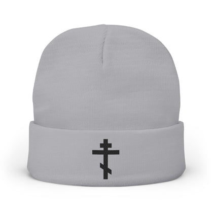 Gray beanie featuring a black Orthodox TriBar Cross and “Nail My Passions to the Wood of Thy Precious Cross O Lord” embroidered on the front.
