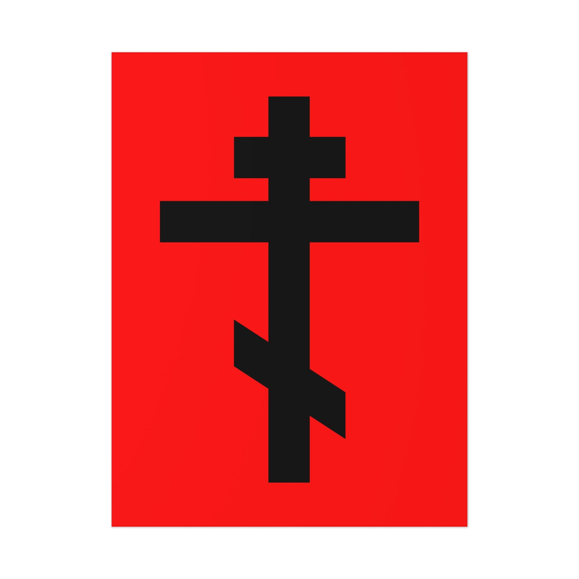 Bold black Orthodox cross set against a vivid red background, featuring Galatians 6:14—"May I never boast, except in the cross of our Lord Jesus Christ." Orthodox Art Poster.