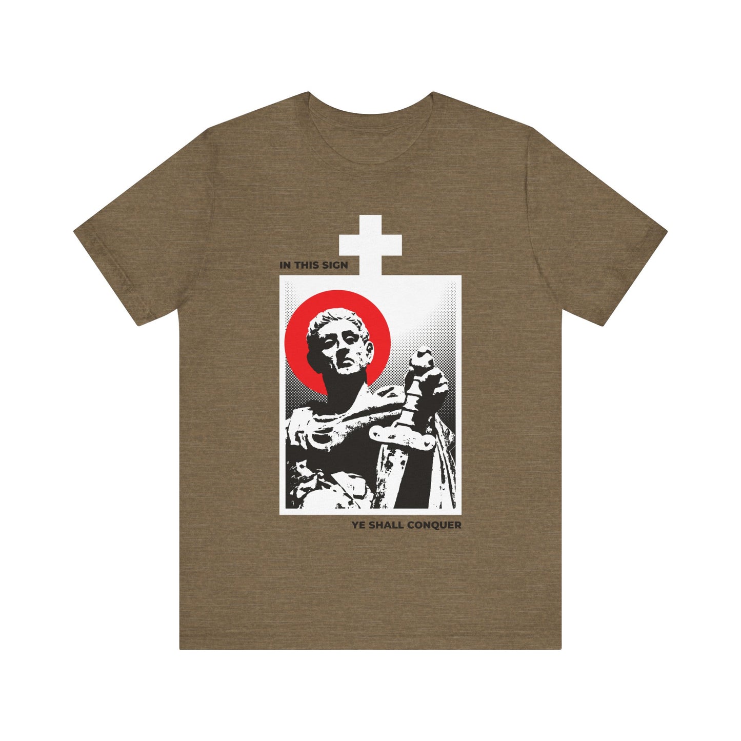 Heather olive t-shirt with a graphic of St Constantine the Great holding a sword, red halo, white cross, and "IN THIS SIGN YE SHALL CONQUER"—an Orthodox Christian call to conquer your passions.