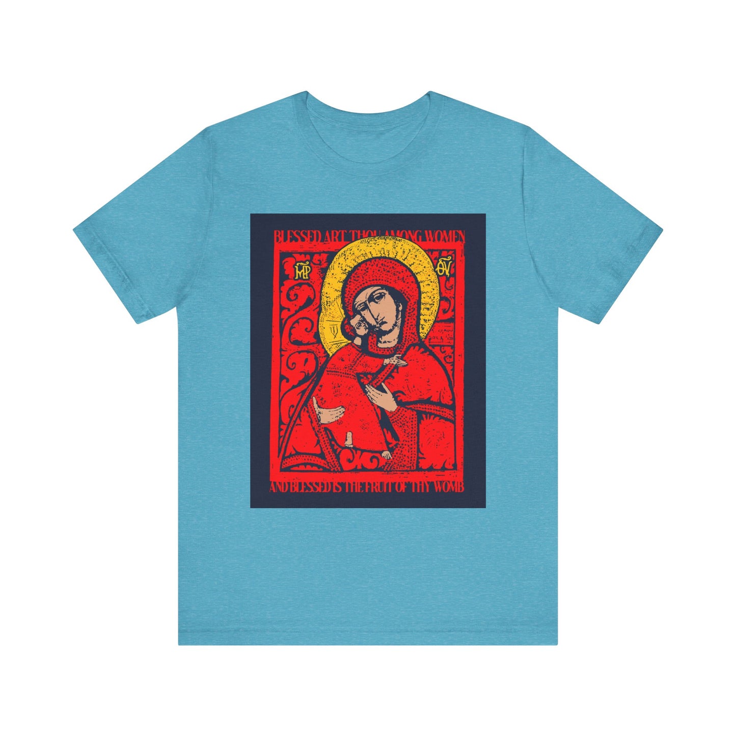 Heather Aqua T-shirt featuring a red and gold icon-style image of the Theotokos and Virgin in the style of the Vladimirskaya icon on the front. Product name: Vladimir Theotokos IconoGraphic | Blessed Art Thou Among Women | Orthodox Christian Lightweight Cotton Unisex T-Shirt.